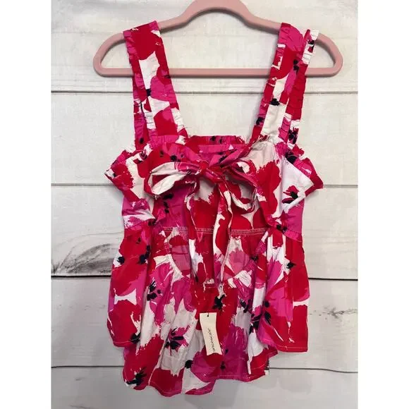 Mi Ami Cotton Pink White Floral Tie Back Ruffle Tank Top Size Large Feminine - Picture 5 of 5